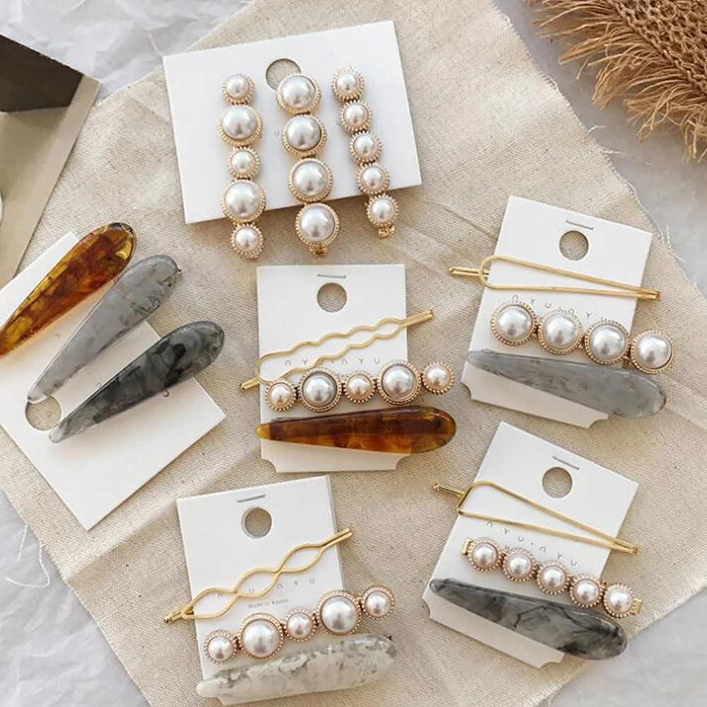 

1 Set Hair Clip for Women Korea Gold Metal Pearl Barrettes Irregular Acetate Girl Jewelry Wedding Party Hair Accessories