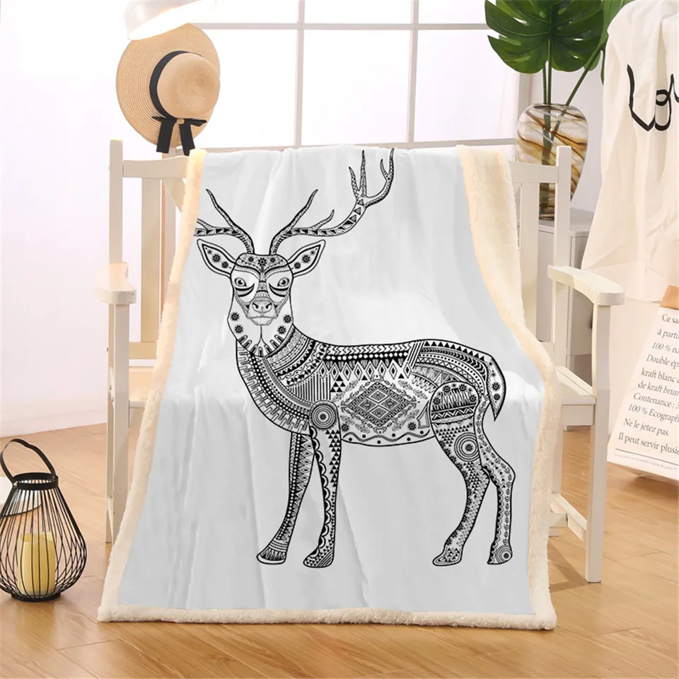 BlessLiving Deer Fleece Throw Blanket Geometric Aztec Elk Black and