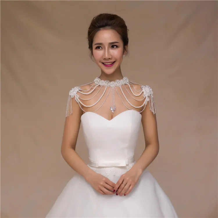 

2019 Crystal Peals O-Neck Bling Beaded White Bridal Wraps Beading Lace Wedding Shawl Jacket Bolero Wrap Bridal Women Wrap