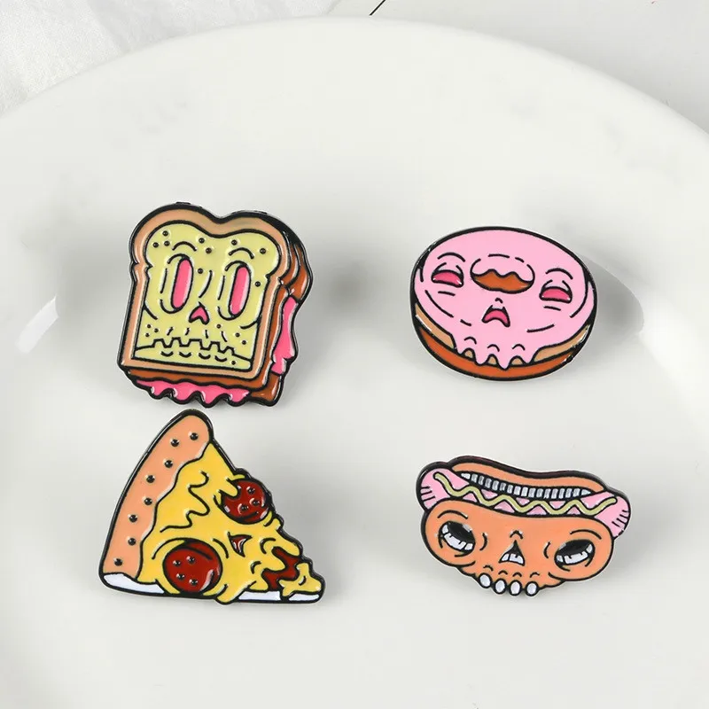 

Zombie Face Fast Food Skeleton Pins Donut Doughnut Hot dog Pizza Donut Toast and Skull Brooches Funny Badges Lapel pins Backpins