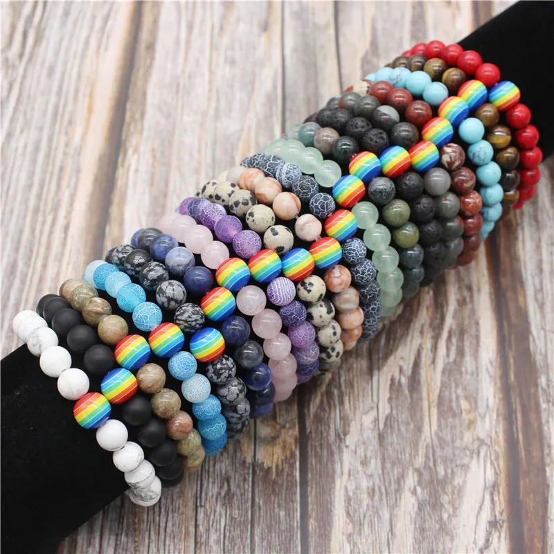 

Rainbow Bracelet for Women and Men 8mm Natural Stone LGBT Pride Strand Couple Bracelets Handmade Jewelry MBR180167