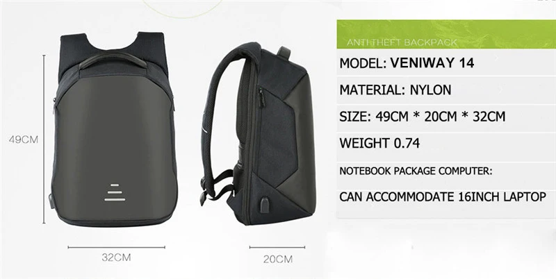 VENIWAY XD Противоугонный Дизайн Мужской 15 'рюкзак для ноутбука Внешний USB школьный рюкзак сумка большая емкость городской водонепроницаемый Mochila