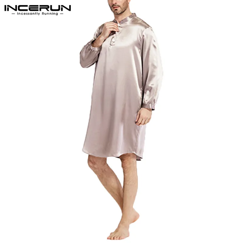 INCERUN Шелковый Атласный халат Мужская мягкая пижама с длинным рукавом мужская домашняя одежда для сна удобный халат повседневный мужской костюм размера плюс
