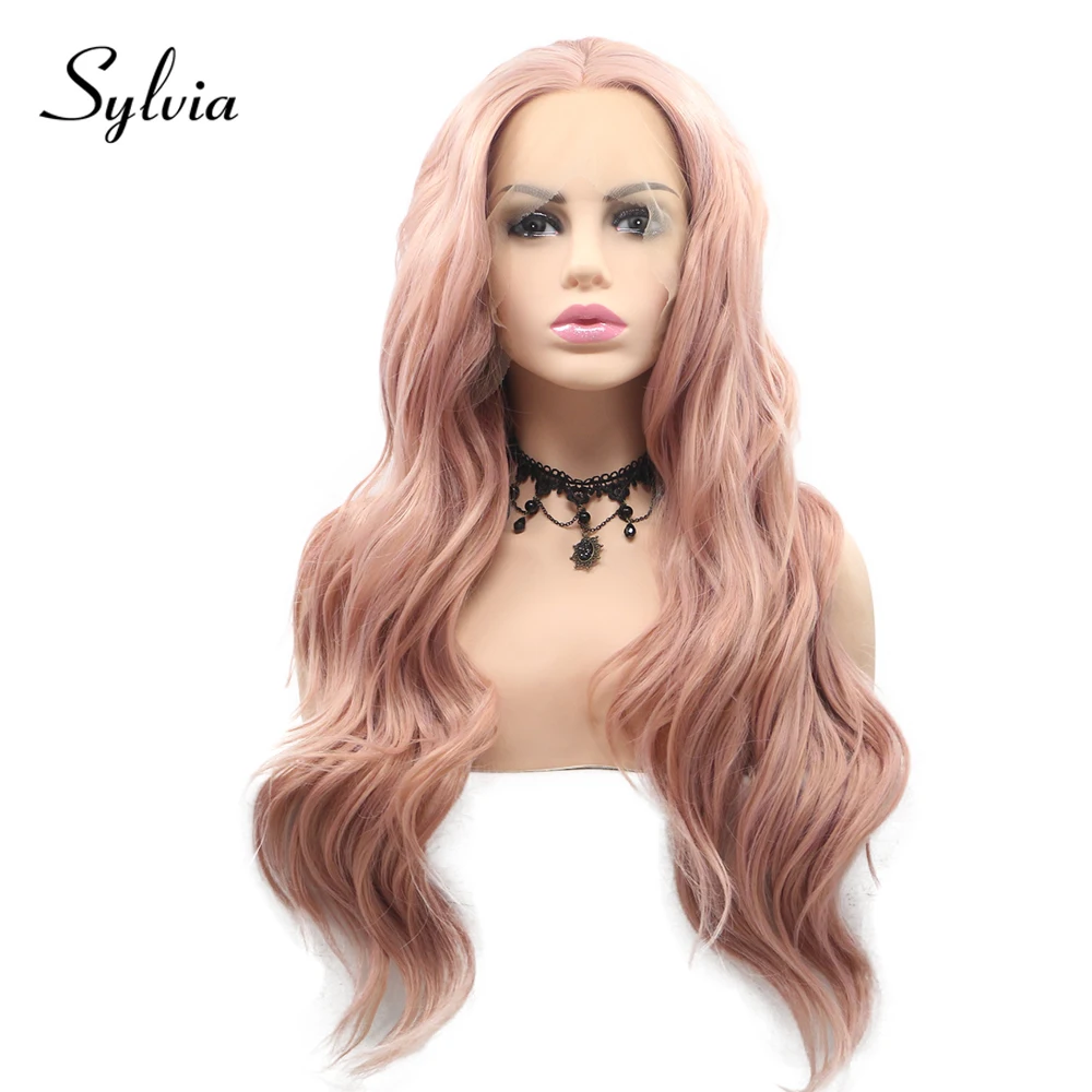 

Sylvia Peach Pink Water Wave Synthetic Lace Front Wigs Middle Parting Natural Half Hand Tied Heat Resistant Fiber Hair for Woman