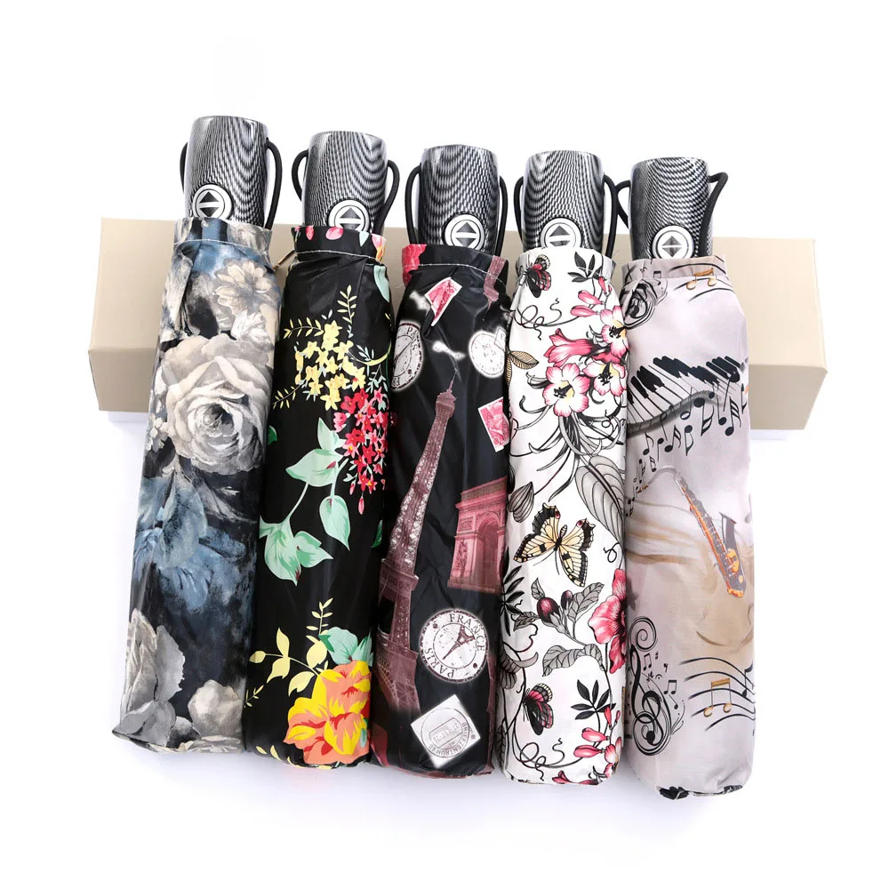 

Vintage Flower Printing large automatic Rose Note umbrella sunshade rain Retro parasol