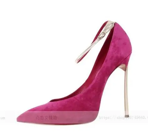 Moraima Snc Newest Suede Pointed Toe High Heel Shoes Woman Ankle Strap Thin Heels pumps Sexy Super High Party Dress Shoes