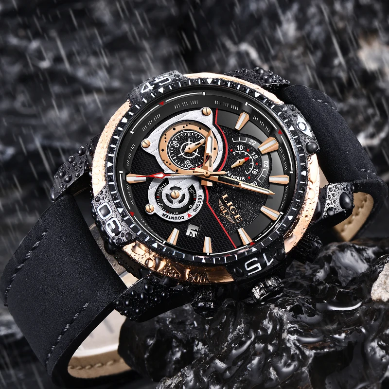 New LIGE Mens Watches Top Brand Luxury Business Waterproof Quartz Watch Mens Black Casual Leather Sport Watch Relogio masculino