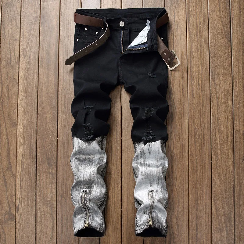 

2019 Fashion Brand Mens Jeans Straight Ripped Jeans For Men Zipper Fly Denim Jeans Men Fashion Designer Pants Black White Jean