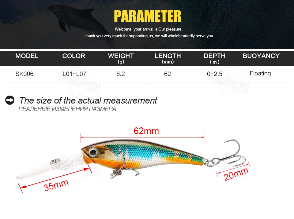 SeaKnight SK006 жесткие рыболовные приманки гольян 7 шт./лот 6,2 г 62 мм 0-2,5 м искусственные приманки глубокий дайвинг Воблер для мелкой рыбы рыболовные снасти