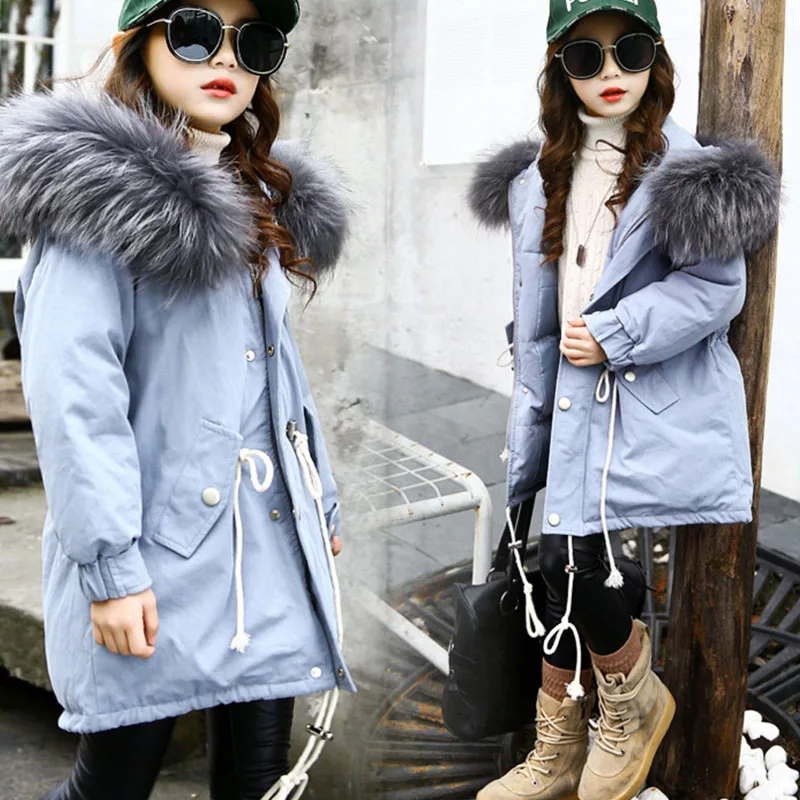 New 2017 Fur Hooded Teenage Big Girls Jackets For Kids Warm Cotton