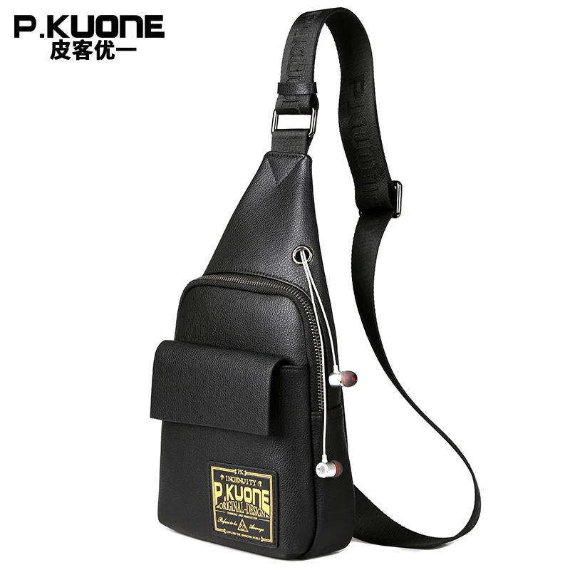 

P.KUONE Brand Luxury Design Black Split Leather Chest Pack Bag Men Single Shoulder Bags College Cross body Chest Bag Male