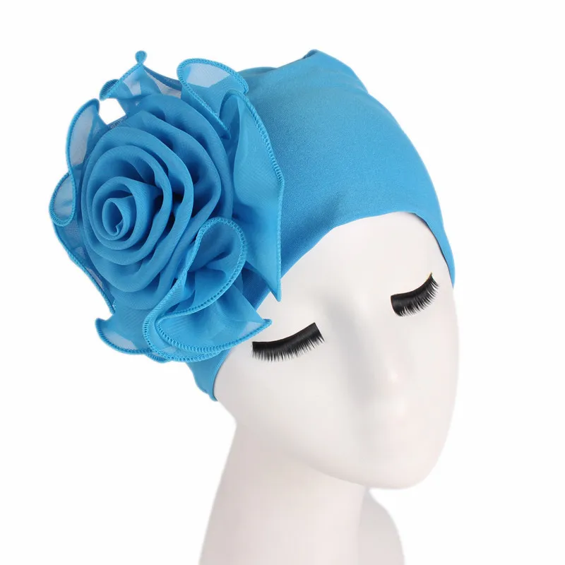 Женская эластичная шапочка с большим цветком, кепка для волос, женские банданы, Африканский тюрбан, головной убор для свадебной вечеринки - Цвет: lake blue