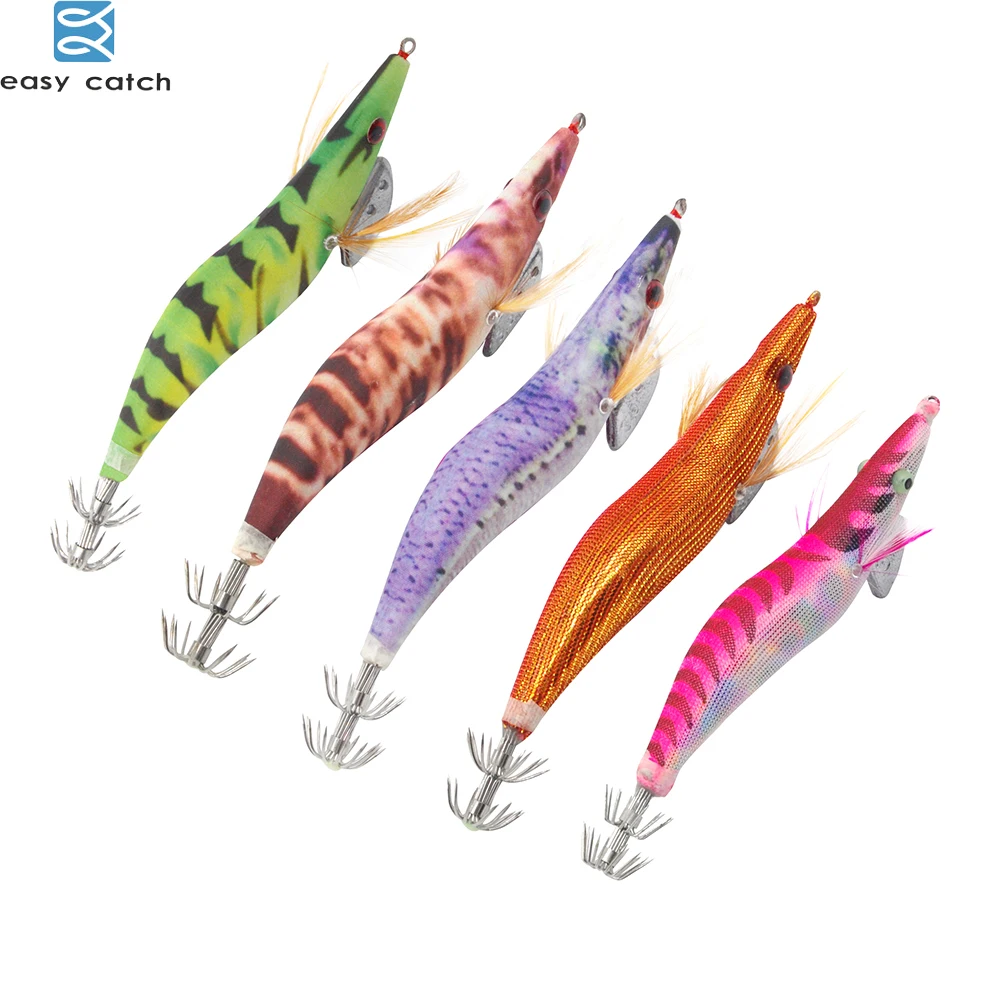 

EASY CATCH 5PCS 10pcs Squid hook Jig wood shrimp Prawn Luminous Tail Artificial Cuttlefish Octopus Lures Tackle for fishing