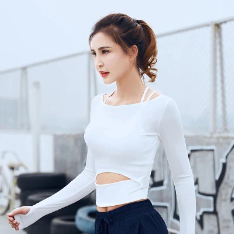 2019 Women Gym White Yoga Crop Tops Yoga Shirts Long Sleeve Workout Tops Fitness Running Sport T-Shirts Training Yoga Sportswear-8