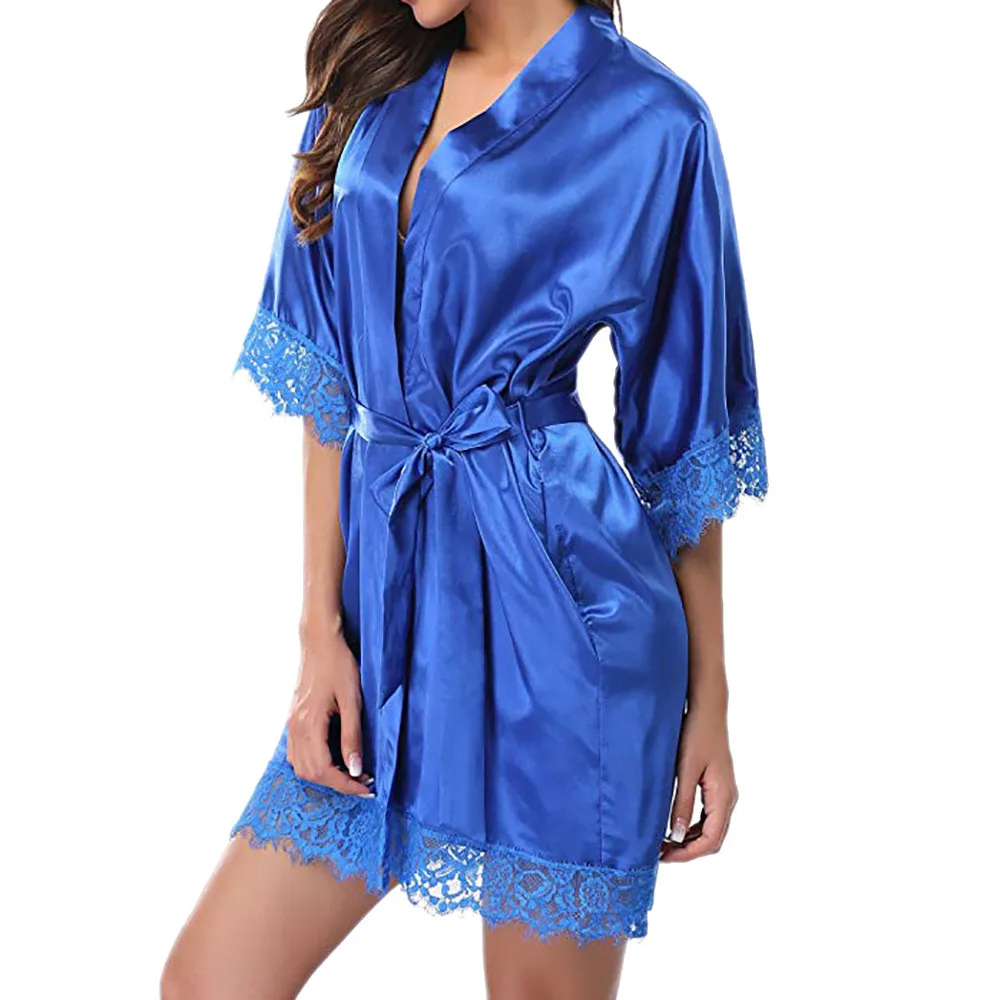 Комплект нижнего белья размера плюс, женская пижама, банный халат, платье, сексуальное кружевное Женское ночное белье, атласное ночное белье, женский халат, Bata Mujer - Цвет: Синий