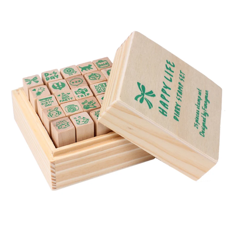 

25pcs Wooden Box Lovely Diary Pattern Stamp Rubber Multiduty Writing Art toys Hot