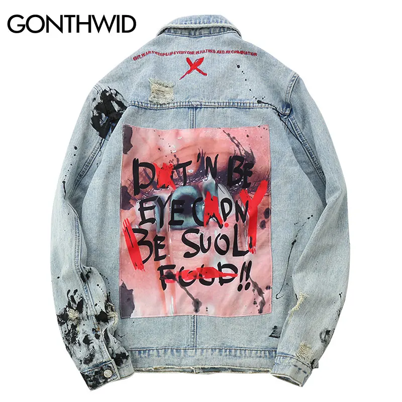 

GONTHWID Mens Graffiti Denim Jackets Streetwear 2019 Hip Hop Casual Patchwork Ripped Distressed Punk Rock Jeans Coats Outwear