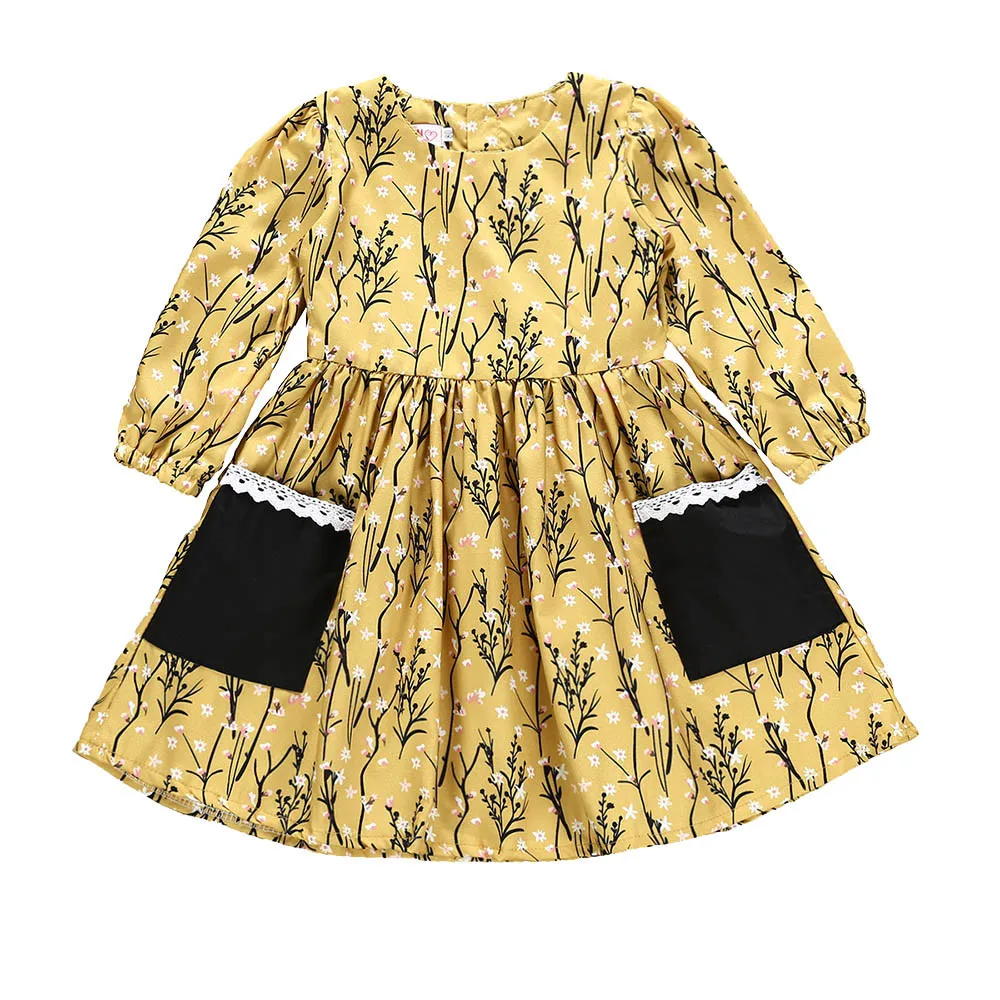 

Cute Top Selling Fashion Baby Clothes Children Clothing Long Sleeve Floral Print Cotton Knee-Length Dress Outfits Clothes