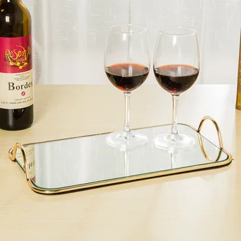 

Golden metal mirror tray Restaurant hotel rectangular plate cake stand tray