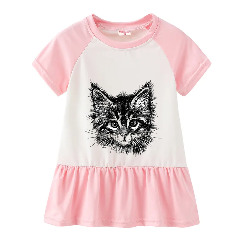 Summer Casual Cat Cartoon Printed Baby Princess Girls Short-Sleeved Dress Pink Patchwork Girls Clothes For 2-7 Years Old