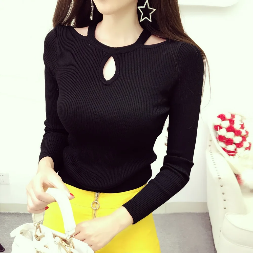

Long Sleeve Women Black Sweater Top Crop Bare Shoulder Female Hollow Out Pullovers O Neck Women's Clothes Winter Sueter