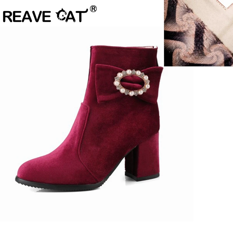 

REAVE CAT Shoes Women EURO size 34-46 fashion Autumn Spring flock Women ankle boots Thick heel Zipper shoes Pearl Boots A861