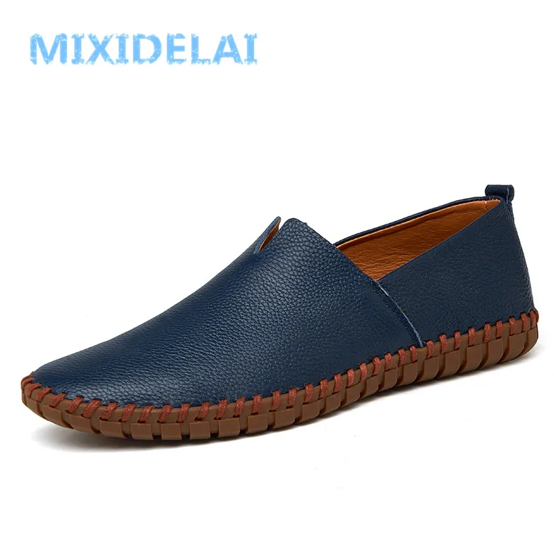 Beste MIXIDELAI Echte Koe lederen Heren Instappers Mode Handgemaakte Mocassins Zacht Leer Blauw Slip Op mannen Boot Schoen PLUS SIZE 38 ~ 48