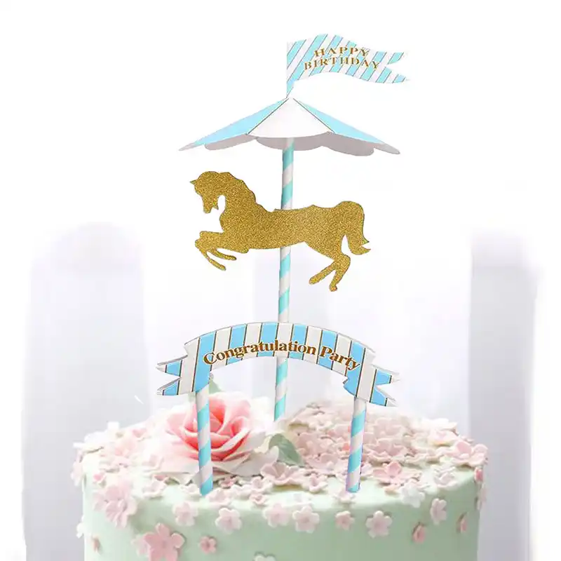 Carrousel Decoration Fete D Anniversaire Bebe Garcon Fille 1 Piece Drapeau De Gateau Cheval Pour Enfants Fournitures En Papier Pour Reception Cadeaux Pour Bebe Aliexpress