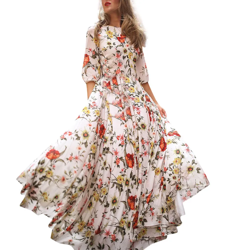 

charming Maxi dress Women Casual Half Sleeve Boho Dresses Swing Floral-Printed Holiday long Dresses vestido