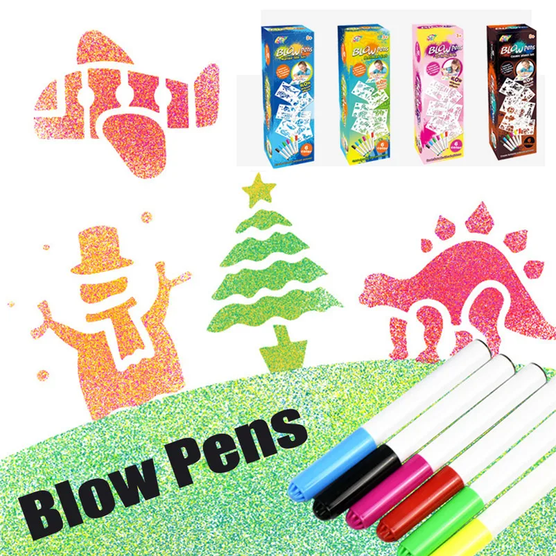 

2019 Kids Fun Novelty Toy New Year Gift Blow Pens Markers Kids Colorful Non Toxic Pens Stencils Models Air Spray Party game H4