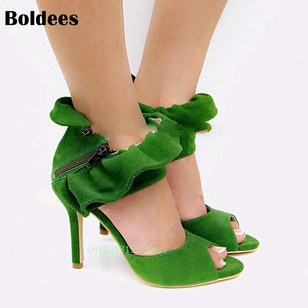 Women Sandals Gladiator Green Suede Leather High Heels Summer Fashion Pop Toe Shoes Woman Pulse 