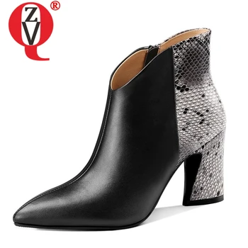 

ZVQ Brand office mixed colors Snakeskin pattern genuine cow leather ankle boots winter spring super high heel plush women shoes