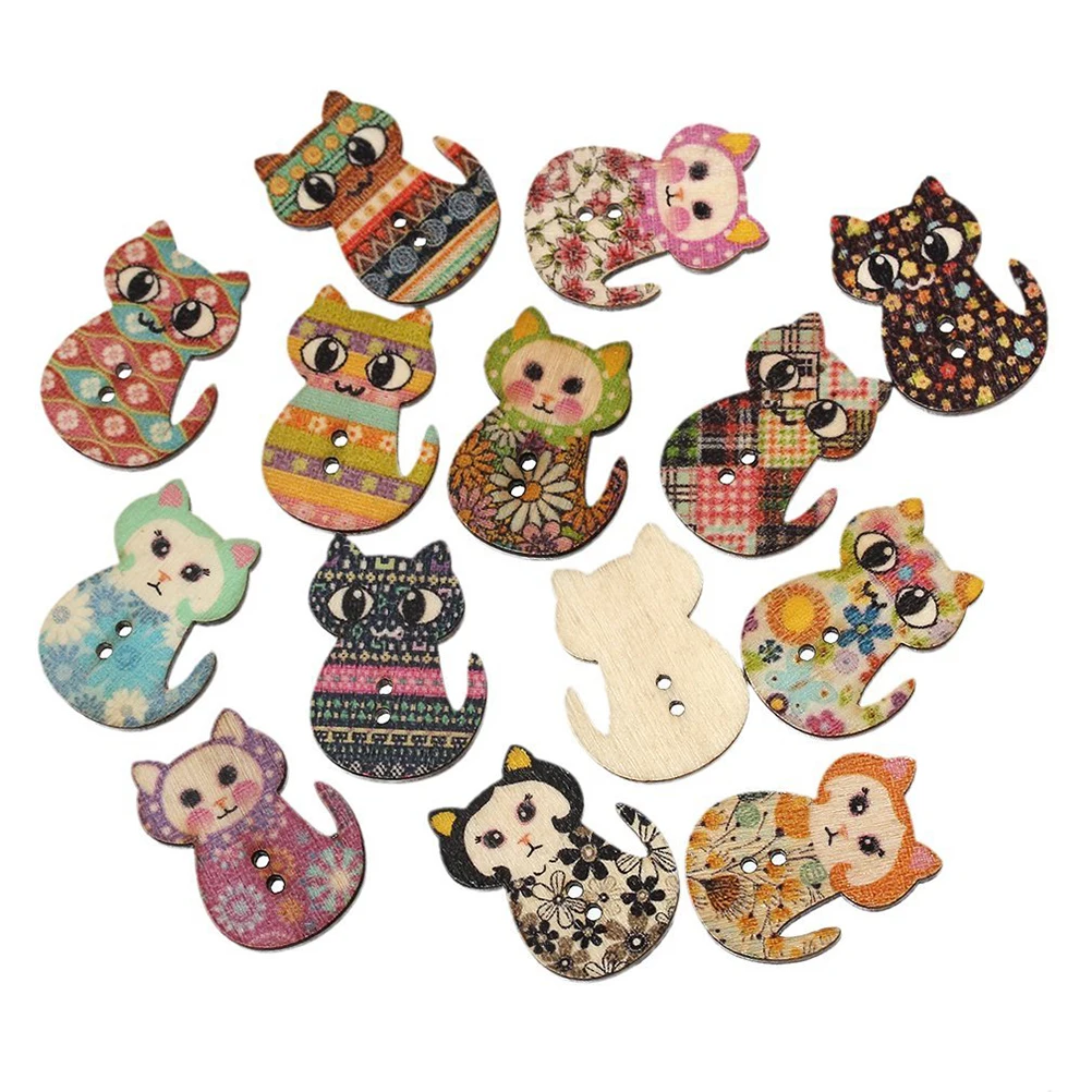 

50pcs Multicolored Cat Shaped 2 Holes Wood Printing Sewing Buttons (Mixed Color)