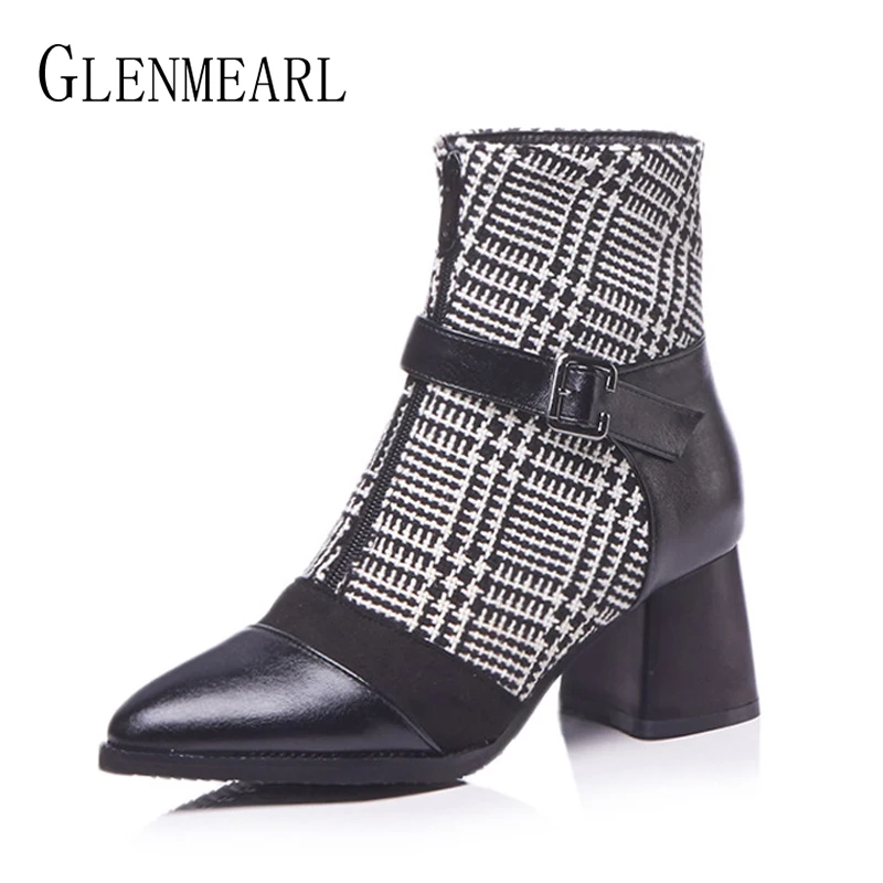 

Winter Shoes Women Boots Ankle Fashion Pointed Toes Casual Shoes Woman Thick Heels Color Matching Martin Boots Female Large Size