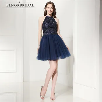 

Dark Navy Short Prom Dresses 2020 Modest Beading Tulle Vestidos De Formatura Curto Mini Formal Evening Dress Gowns