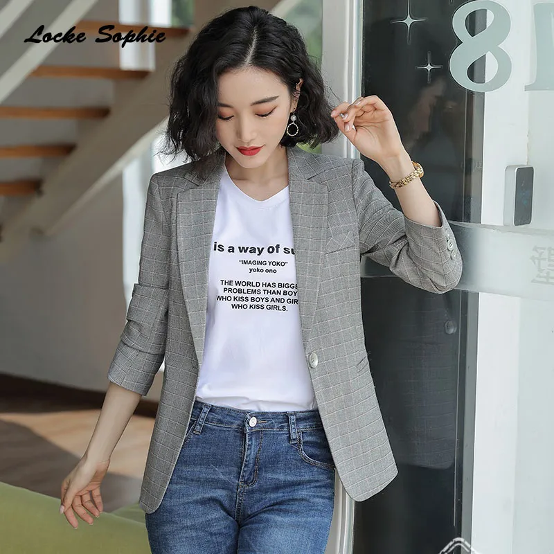 1pcs Women's Plus size Blazers coats 2019 Summer cotton blend plaid Long sleeves Small Suits jackets ladies Skinny Blazers Suit