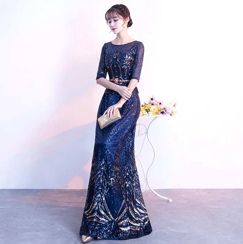 Robe De Soiree темно синее длинное вечернее платье 2020 ТРАПЕЦИЕВИДНОЕ элегантное с