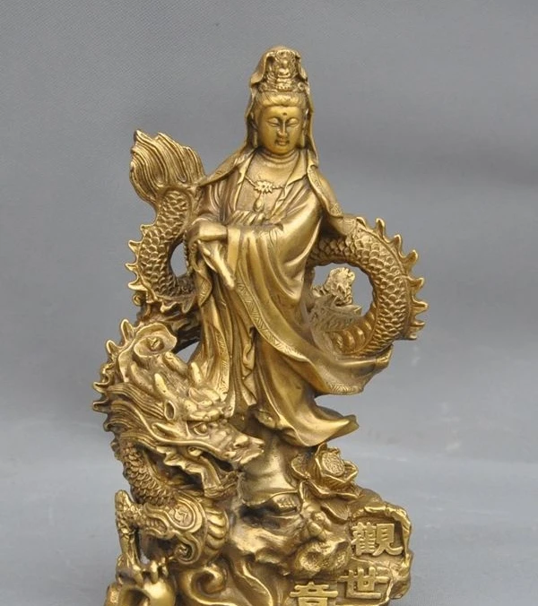 

10" Chinese Buddhism Joss Brass Stand Dragon Kwan-yin Guanyin Bodhisattva Statue