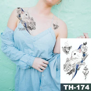 

Waterproof Temporary Tattoo Sticker blue Cat rose pattern tatoo Water Transfer teacup body art fake arm tattoo For Women