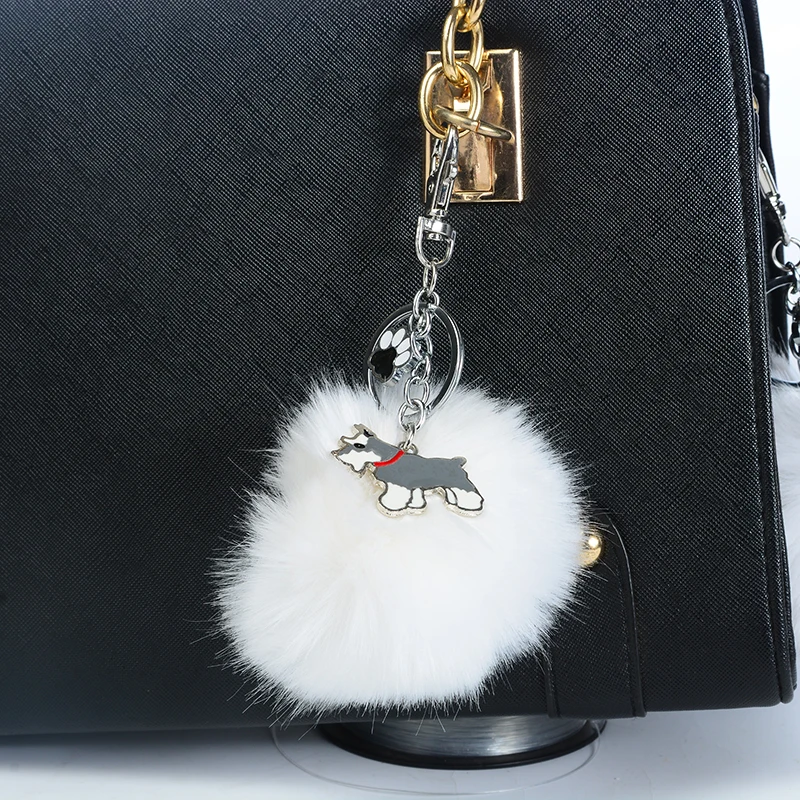 

Rabbit Fur Pompom Standard Schnauzer Key Chains For Women Men Pom Pom Ball Dog Pendant Bag Charm Keyring Car Keychain Key Ring