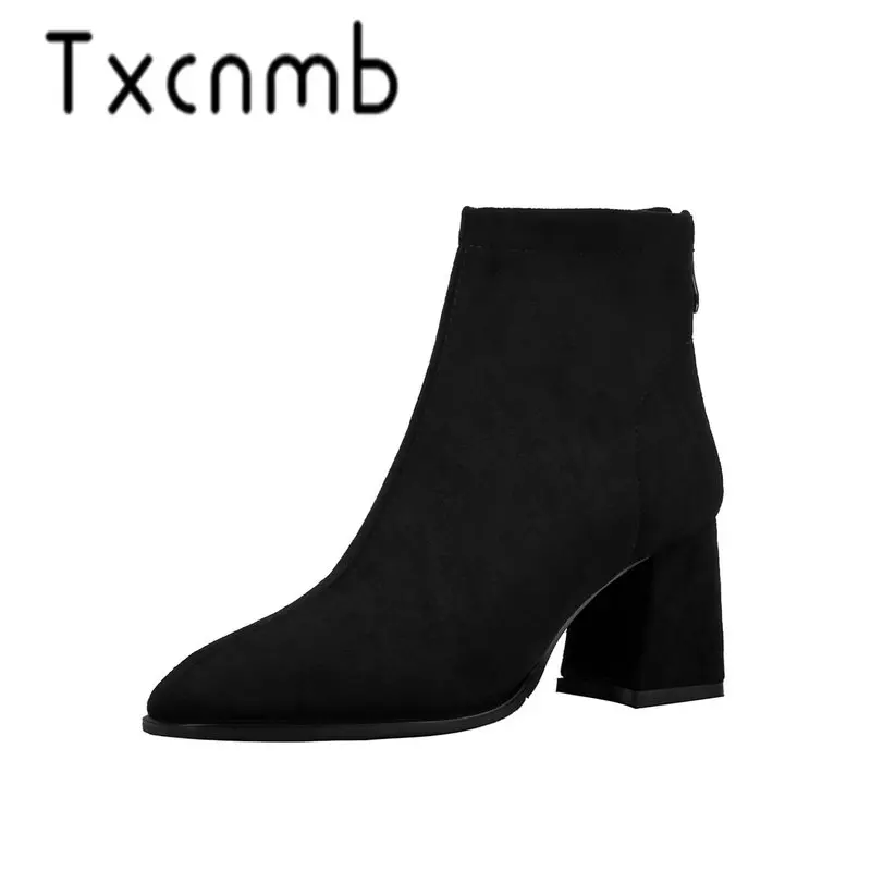 

TXCNMB 2019 Boots Women Ankle Boots for Women Winter Cow Suede Leather High Heel Shoes Woman Round Toe