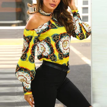 

Tops Women One Shoulder Chain Print t shirts Assymetrical Sleeve Chiffon Casual Halter Summer Autumn Shirt 2019 Newest
