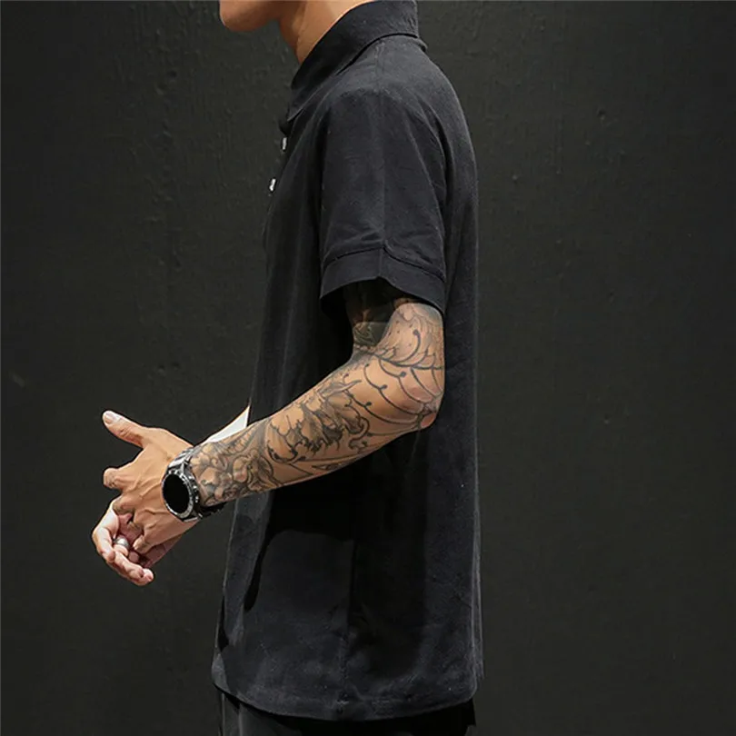 New Fashion Men Summer Cotton And Linen Short Sleeve Solid Color Stand Neck Loose Casual T Shirt Blouse Polo Top #4A24 (23)
