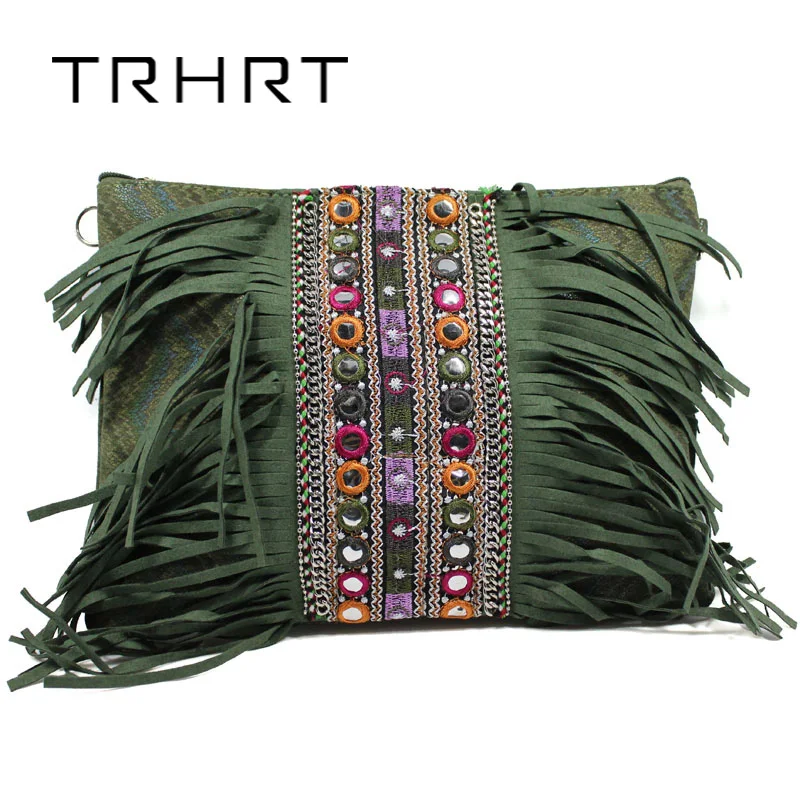 

Green Retro Hippie Designer Women's Gypsy Fringe Bohemian Shoulder Bag Spirit Tassel Cross Body Purse