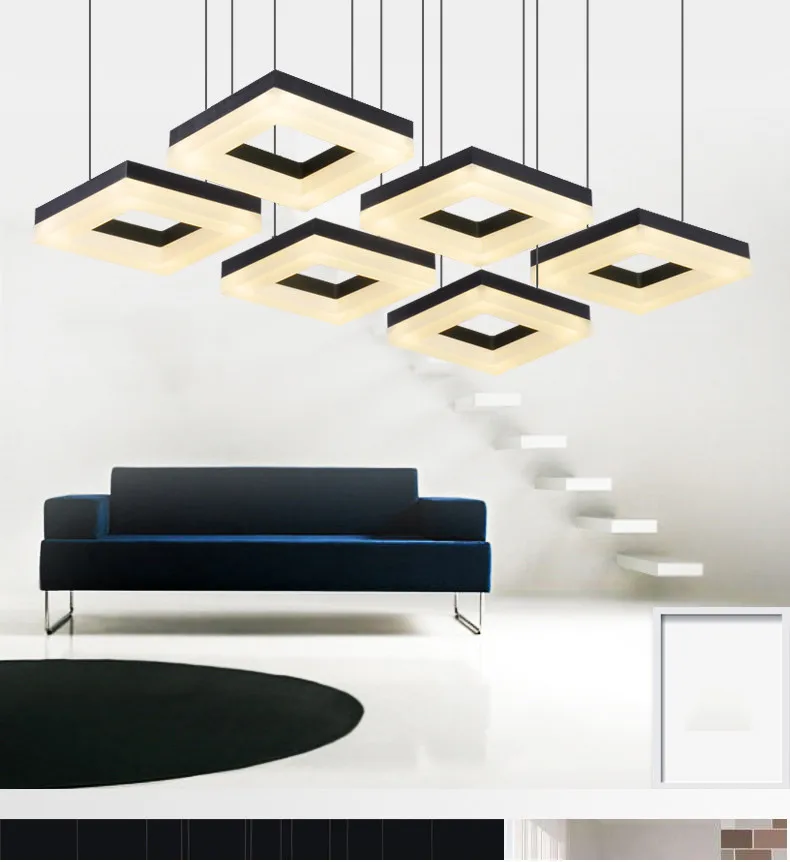 Pingente de Luz Sala de Jantar Moda Anel Retângulo Lâmpada Led Suspendu Restaurante Longo Cordão Pendurado Iluminação 7 pendant lights