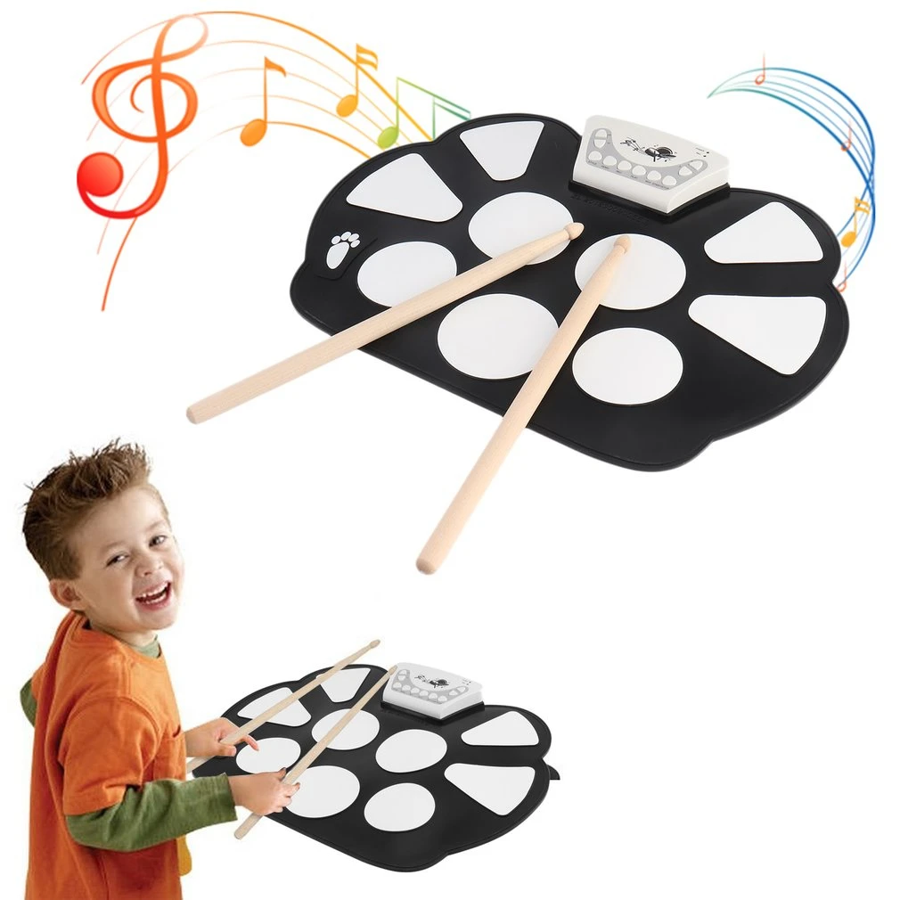 

TSAI New Electronic Drum Pad Portable USB Charging Roll Up Drum Pad With Drum Sticks Foldable Practice Instrument Black NewStyle
