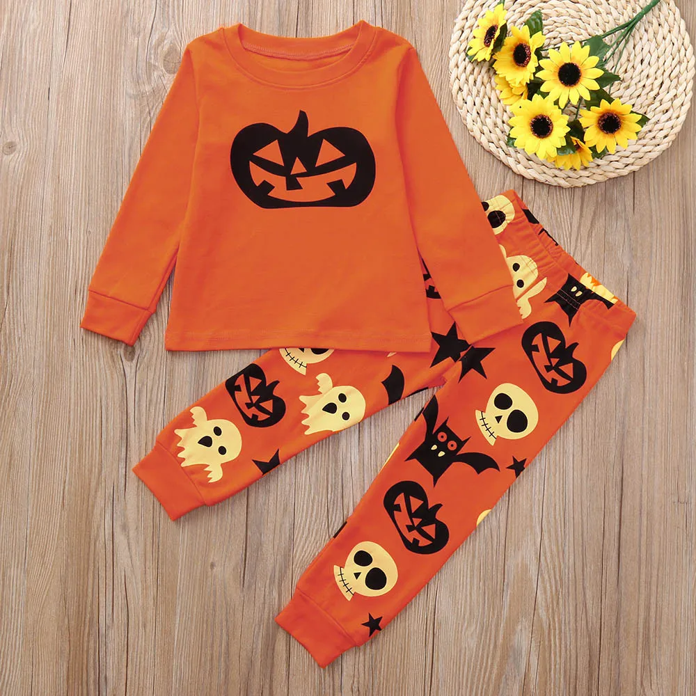 

new Kids Sleepwear Pajamas Set Boy Girl Long Sleeve Pumpkin Print T Shirt Tops Cute Ghost Pant Suit Children Halloween Pj's Set