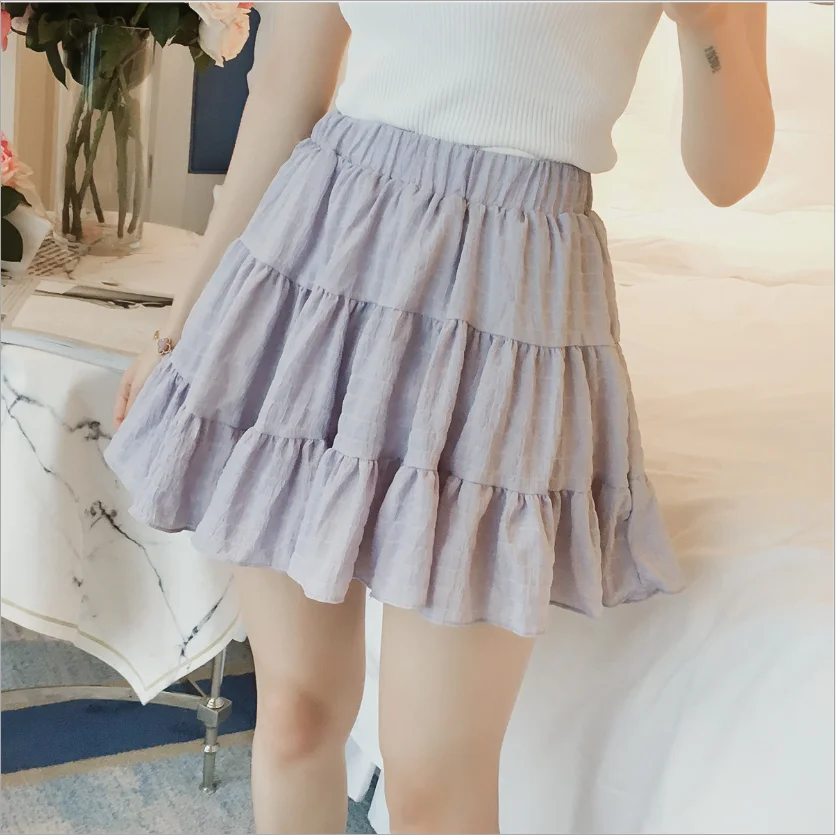 

2019 Summer Women's Skirt Elastic Waist Jupe Femme Literary Style Wild Solid Color Cake Chiffon Skirt Anti-light Skirts Women