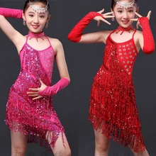 Kid Tassels Girls Latin Dance Costumes Dresses Children’s Sequined Ballroom Dancing Stage wear Salsa dance dress with Gloves
