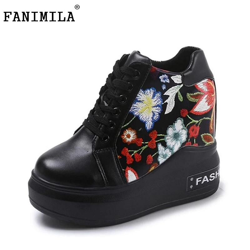 

FANIMILA Women Inside Heel Shoes Woman Lace Up Flower Cross Strap Embroidery Wedges Pumps Concise Daily Shoes Size 34-39